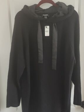 Express Women Black Crewneck Hooded Tunic with Satin Drawstrings
